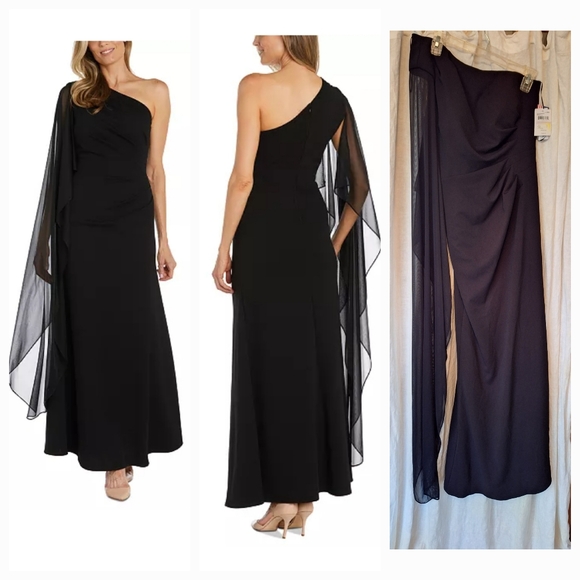 Nightway Black One-Shoulder Cape Gown Evening Dress Maxi - Picture 1 of 1